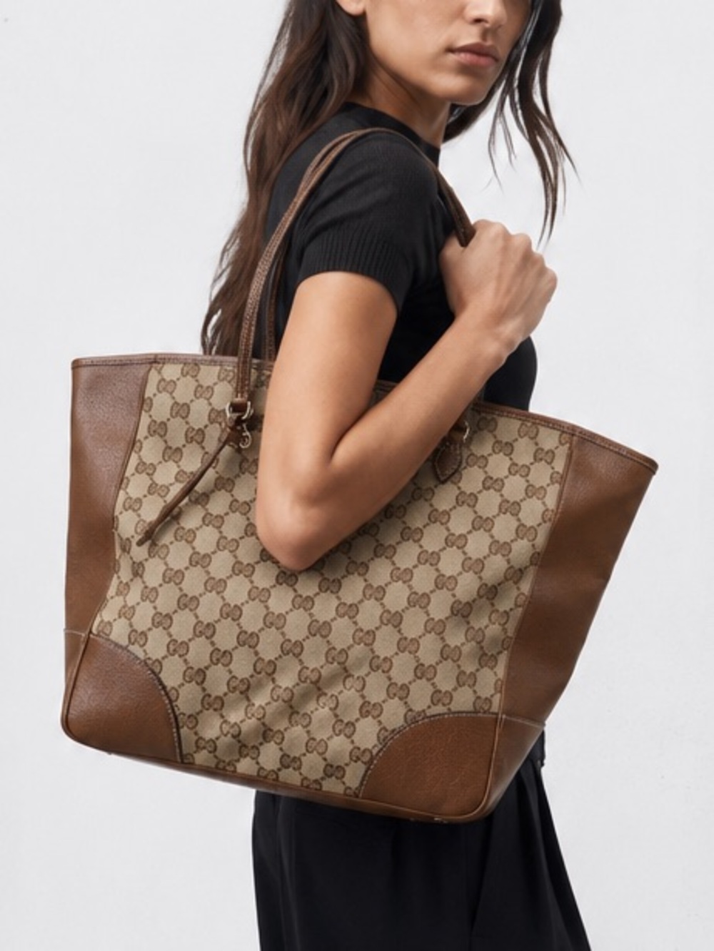 Gucci Beige/Brown GG canvas Bree Monogram Leather-Trim Tote